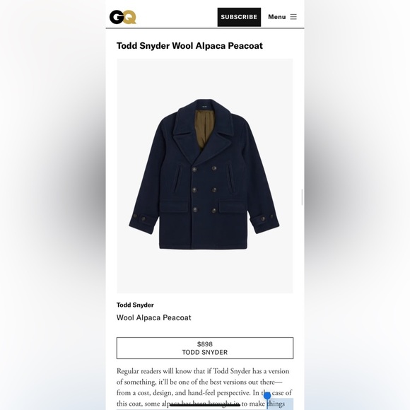 Todd Snyder 100% CASHMERE & WOOL Navy Blue Peacoat NWT - Picture 10 of 14